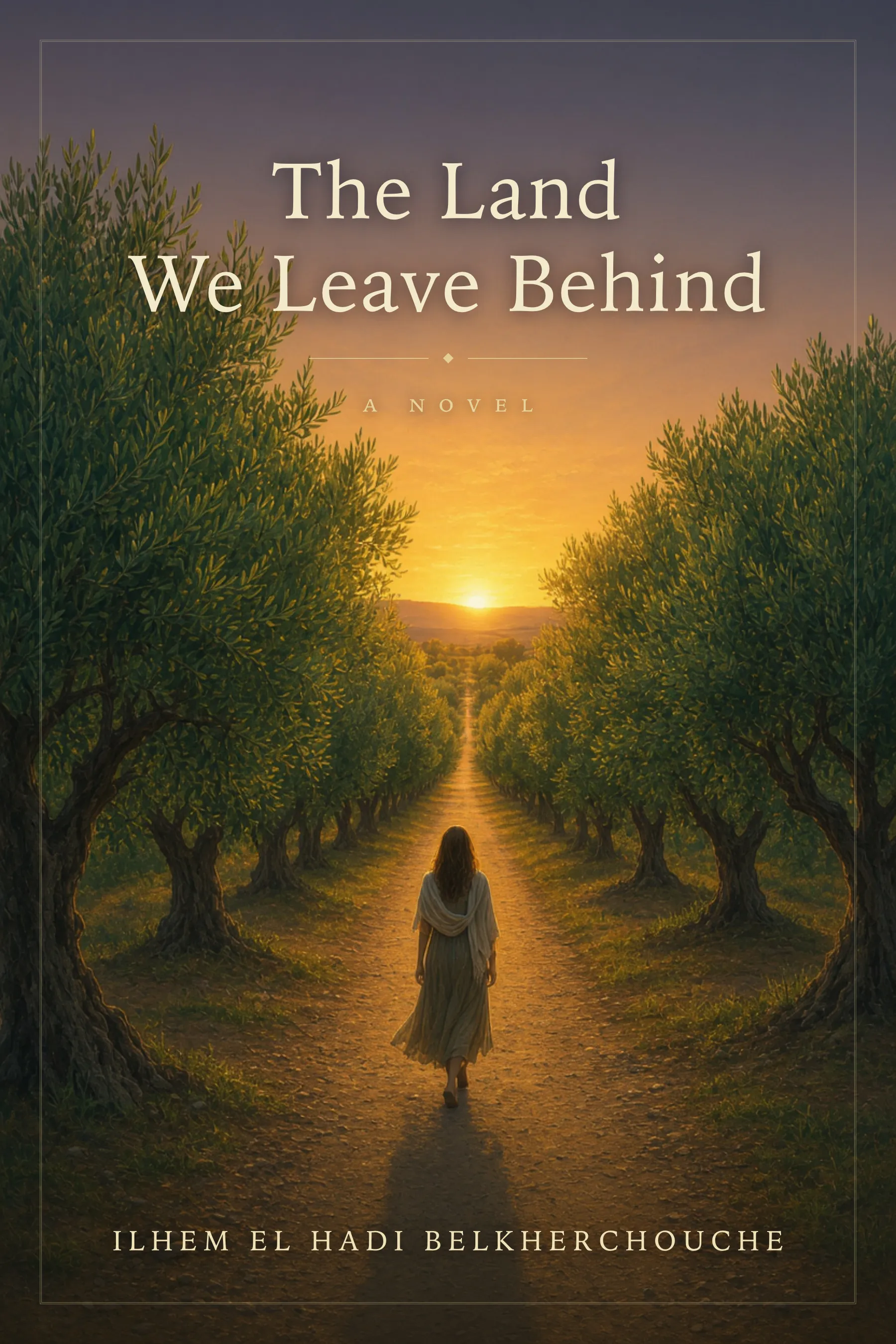 Cover of The Land We Leave Behind: olive branches against a dark ground, lit low and gold.